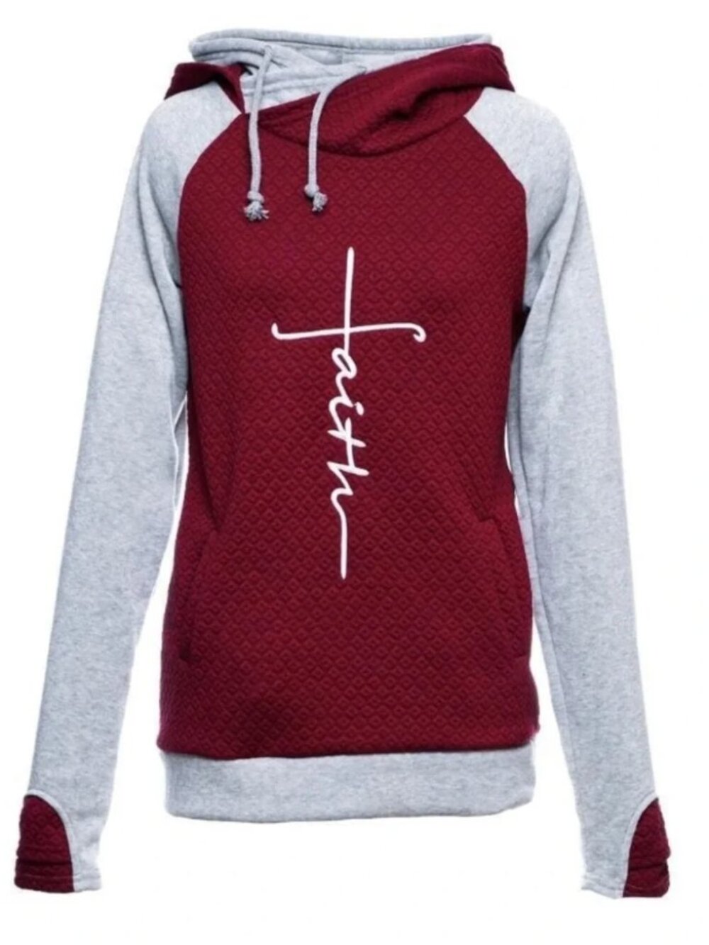 Love in Faith Maroon Gray "Faith" Color Block Embroidered Hoodie Sweatshirt